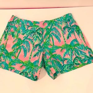 EUC Lilly Pulitzer size small elastic waist shorts pink teal palm pattern